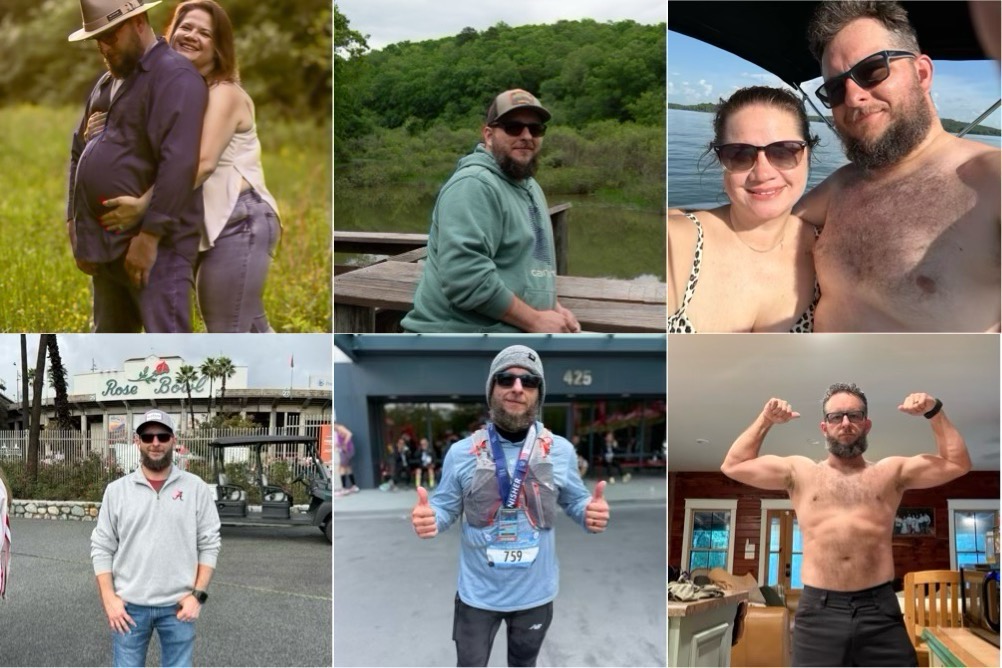 Collage of Nick's weight loss journey from heavier build to lean ultra runner